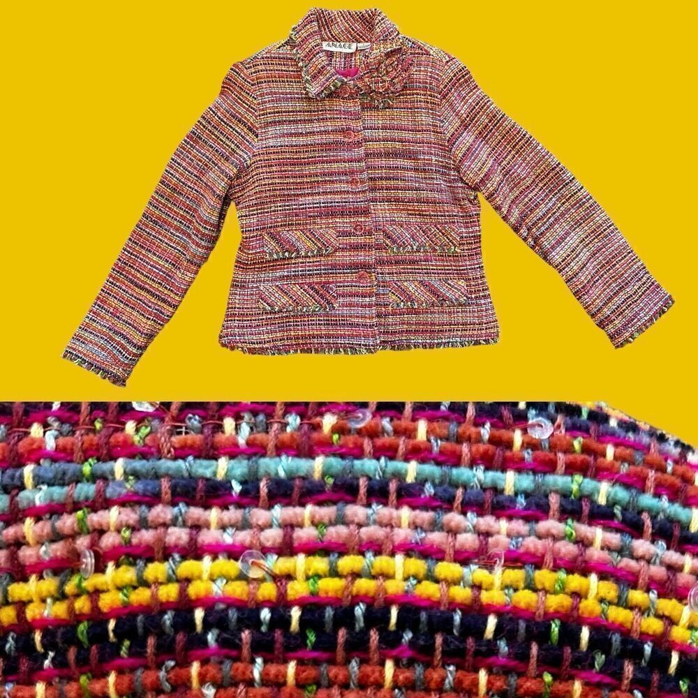 Vintage Anage Pink Colorful Tweed Blazer Jacket Size Large Rainbow Flower Fringe - Picture 1 of 15